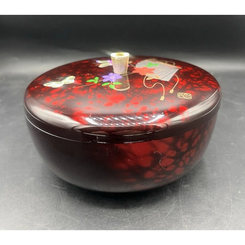 Vintage ONO Japanese Lacquer Style Jewelry Trinket Box Red Floral Fan Made Japan